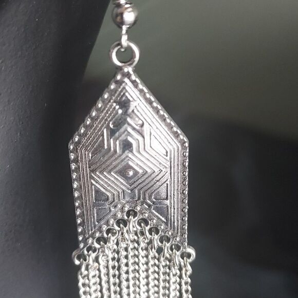 SILVER AZTEC PRINT TASSEL EARRINGS - Picture 6 of 6